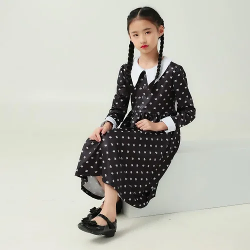 Vista 5 de LAUPHIE Vestido de miércoles para niñas, disfraz de miércoles con collar, calcetines y bolsa