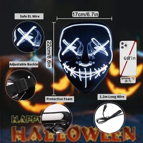 Vista 3 de Máscara con luz LED de Halloween máscara de purga máscara de miedo para cosplay máscara de disfraz LED para niños niños y adultos con alambre EL