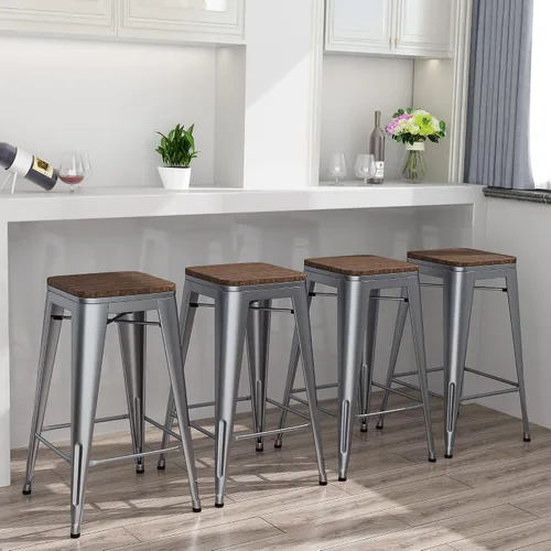 Vista 9 de Juego de 4 taburetes de bar de metal sin espalda de 24 pulgadas, apilables, industriales, para taburetes de isla de cocina, con asiento de madera