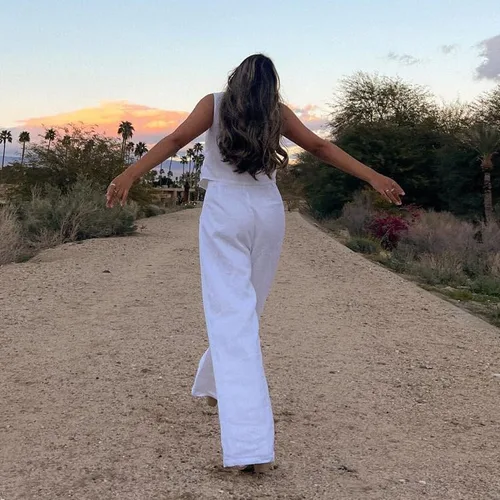 Vista 4 de Sumleno Conjunto de 2 piezas de algodón y lino para mujer, cuello en V profundo, chaleco Y2K, pantalones de pierna ancha, ropa estética de dinero