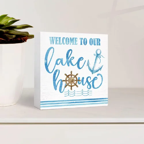 Vista 3 de Letrero de madera con texto en inglés "Welcome to Our Lake House" para decoración de casa con temática de lago, decoración de escritorio
