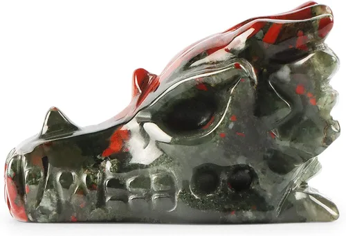 Vista 2 de SMQ Estatua de calavera de cabeza de dragón de cristal de 2 pulgadas, tallada a mano, piedra de sangre de África, piedras preciosas realistas