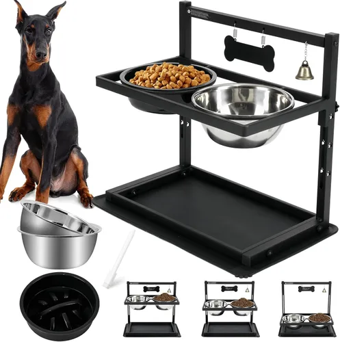 Vista 11 de Soporte elevado para perros medianos y grandes con comedero lento y tapete, altura ajustable de 3.9, 5.5, 7.1, 8.7, 10.2, 11.8 pulgadas, comederos