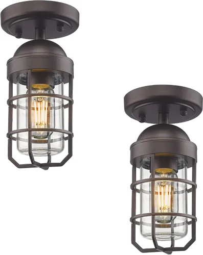 Vista 23 de Emliviar Lámpara de techo estilo granja, luz semiempotrada vintage para interior, luz de seguridad con vidrio templado transparente, acabado