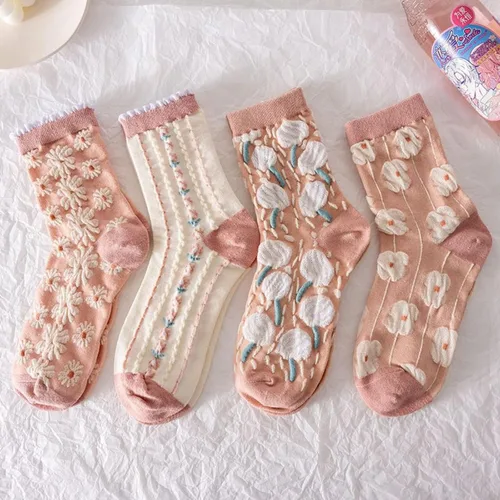 Vista 22 de Juego de 6 pares de calcetines de algodón transpirables de punto floral para mujeres y niñas
