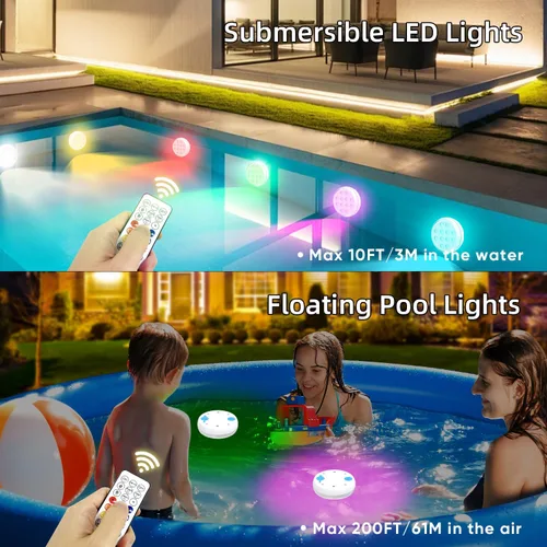 Vista 2 de Luces de piscina, luces LED sumergibles con control remoto, IP68 impermeable 16 colores recargables, iluminación subacuática con imán integrado
