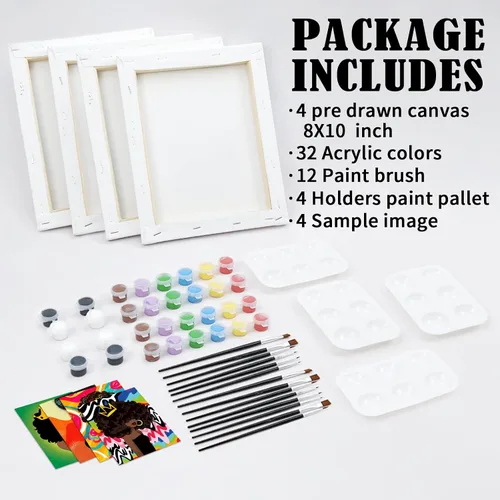 Vista 5 de VOCHIC Paquete de 4 kits de fiesta de 8 x 10 pulgadas, kit de pintura de lienzo predibujado para pintura para adultos, suministros de pintura