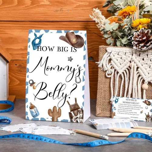 Vista 71 de Sabary 64 Piezas Juegos de Baby Shower Incluyen Letrero How Big is Mommy's Belly Sign Measure Bump Game 50 Tarjetas 10 Lápices 3 Cintas Métricas
