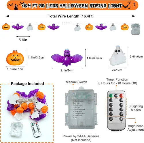 Vista 3 de Guirnalda de luces de Halloween, 16.4 pies, 30 luces LED 3D de calabaza, murciélago, fantasma, funciona con pilas, color naranja y morado, 8 modos