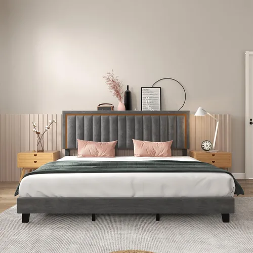 Vista 3 de Cama de plataforma tapizada de terciopelo tamaño Queen con diseño de ribete dorado, diseño sin ruido, base resistente con listones de madera, no Gris