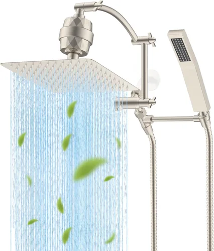 Vista 10 de Hibbent Cabezal de ducha de lluvia de 8 pulgadas de metal completo Certificado CUPC, Combo de cabezal de ducha doble, varita de ducha manual de alta