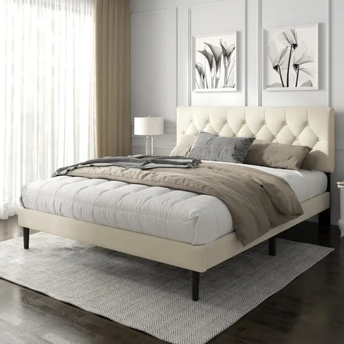 Vista 8 de HAOARA Armazón de Cama de Plataforma Tamaño Completo con Cabecera Tapizada con Botones Capitoné, Base de Colchón con Soporte de Listones de Madera