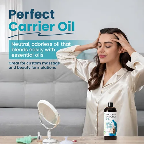Vista 4 de Aceite de coco fraccionado de 8 onzas, 100% puro, ligero, inodoro e incoloro aceite de coco líquido para piel, cabello, masaje, belleza y mezcla
