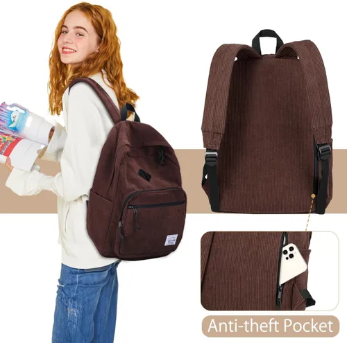 Vista 5 de VASCHY Mochila de viaje de pana, estilo vintage, casual, kawaii, bonita, estética, mullida, de forro polar, mochila para la escuela, adolescentes