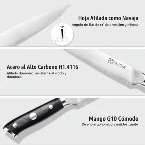 Vista 6 de Juego de cuchillo y tenedor de tallado PAUDIN - 8" Cuchillo de tallado de pavo de acero alemán y tenedor con mango ergonómico, de espiga completa
