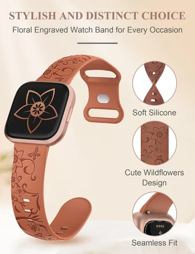 Vista 2 de W-RARA Correa de reloj con grabado floral compatible con Fitbit Versa, correa de repuesto de silicona suave con diseño de mariposas y flores