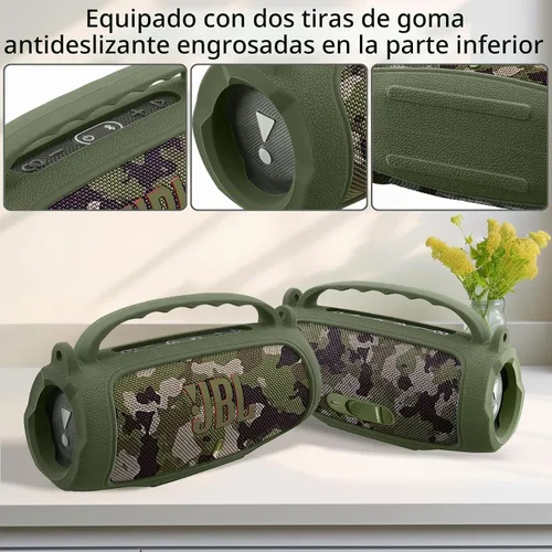 Vista 4 de co2CREA Funda de silicona para altavoz portátil JBL Charge 5, verde militar Bump Protection, Detachable Shoulder Strap, Carabiner, Comfortable