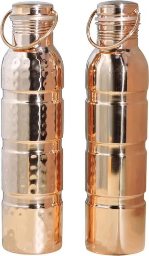 Vista 2 de With Handle - Juego de 2 botellas de agua de cobre sin costuras para beneficios de salud ayurveda, 33.8 fl oz (33.81 onzas líquidas)