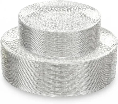 Vista 10 de Rubtlamp 60 platos de plástico, platos desechables de color marrón transparente, platos de plástico martillados resistentes, platos desechables