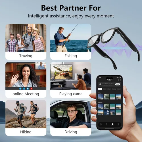 Vista 2 de Gafas inteligentes AI con cámara HD 4K y antivibración, ChatGPT gafas de control de voz integradas para grabación de video manos libres, traducción