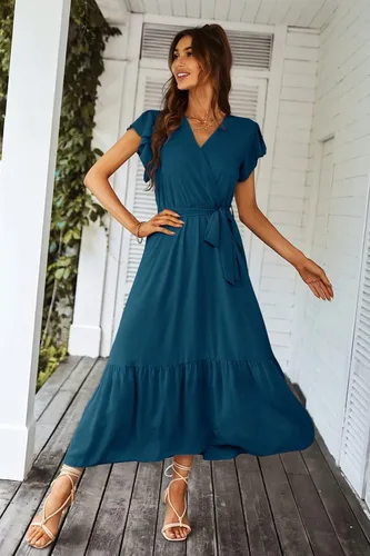 Vista 2 de PRETTYGARDEN - Vestido floral para mujer estilo bohemio, cruzado, con cuello en V, manga corta, con cinturón, dobladillo con volantes, acampanado