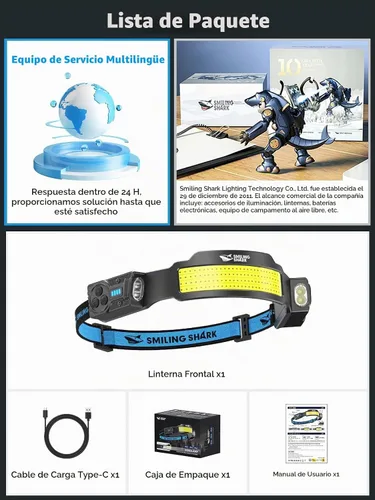 Vista 7 de Smiling Shark Linterna frontal TS-4, foco doble con luz de inundación 4X y linterna de cabeza LED estroboscópica recargable 2400mAh de larga
