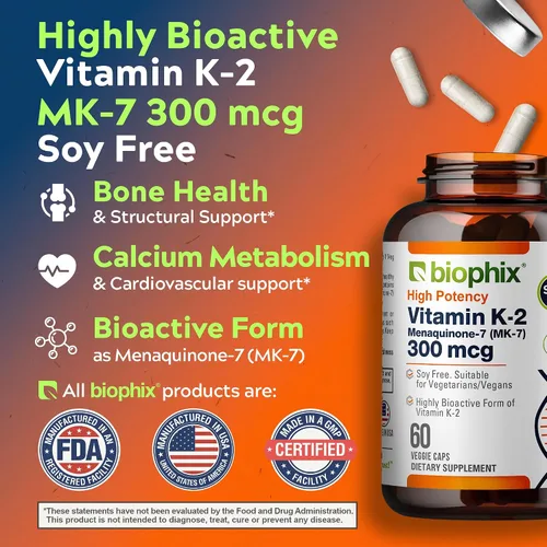 Vista 2 de biophix Vitamina K2 MK-7 300mcg, 60 cápsulas veganas - Suplemento de alta potencia para la fuerza ósea y la salud inmunológica