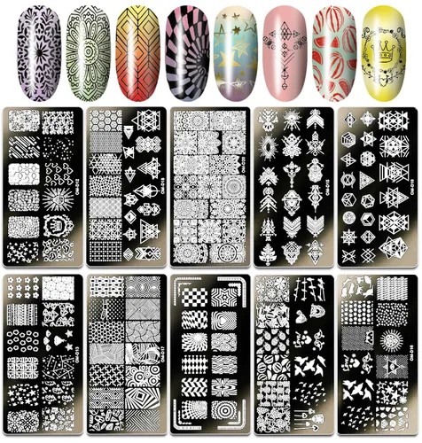 Vista 2 de Juego de sellos de uñas, 10 unidades, diseño geométrico, plantilla de placa de uñas, accesorios de arte de uñas, para bricolaje y salón de belleza