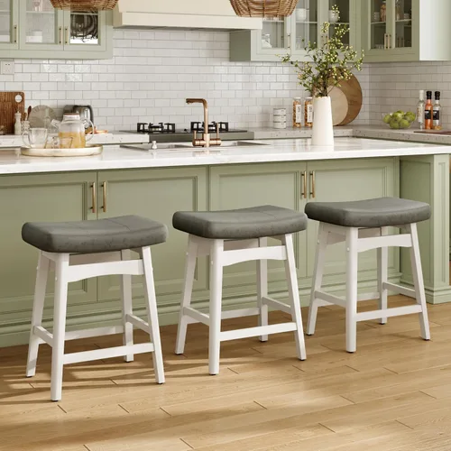 Vista 8 de MAISON ARTS - Juego de 4 taburetes de bar blancos de altura de mostrador para encimera de cocina con patas de madera maciza y asiento de cuero Cojín