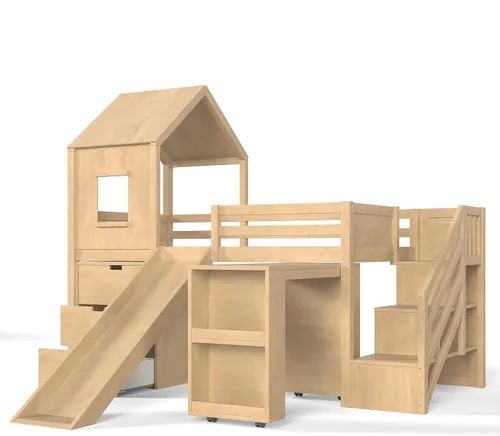 Vista 6 de SOFTSEA Cama tipo loft con tobogán, almacenamiento y escritorio para niños Natural