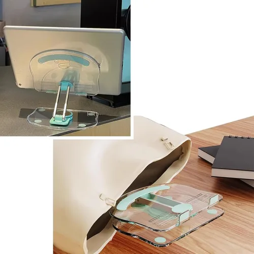 Vista 9 de Soporte acrílico para tablet con base giratoria de 360°, soporte plegable ajustable transparente para escritorio, oficina en casa, compatible
