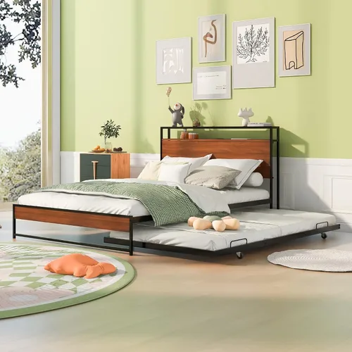 Vista 5 de SOFTSEA Marco de cama de plataforma de metal de tamaño matrimonial con nido, puertos USB con cabecera de almacenamiento de madera, cama de panel