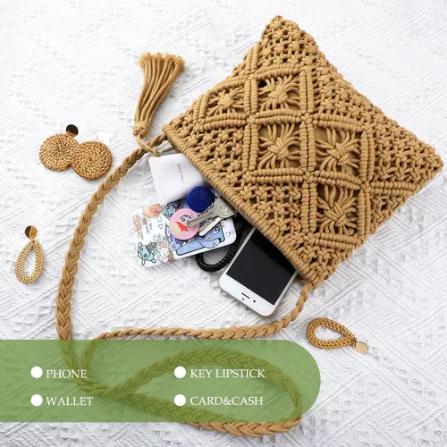 Vista 6 de Juego de bolsa de hombro de paja y aretes, bolsa de ratán, bolso de paja, bolso cruzado de vacaciones con 4 pares de aretes de ratán bohemio