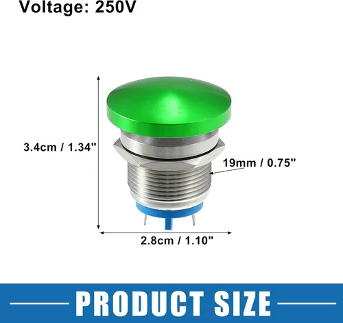 Vista 4 de Impermeable IP65 Momentaria Cabeza de Seta Interruptor de Botón para Coche Metal 0.748 in 3A 250V Botón Interruptor Verde (juego de 2)
