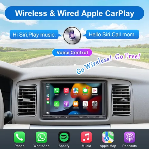 Vista 3 de Radio Estéreo de Coche Doble DIN, CarPlay Inalámbrico Android Auto Inalámbrico, Receptor de Audio de Coche con Pantalla Táctil de 7 Pulgadas