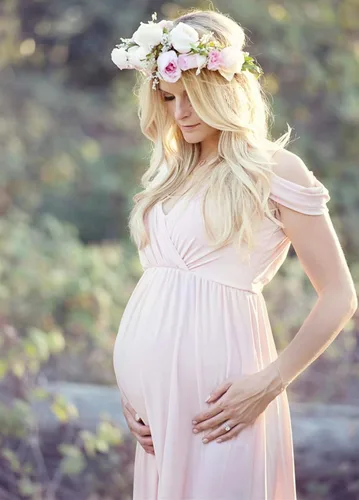 Vista 5 de ZIUMUDY Vestido de maternidad con hombros descubiertos y cuello en V envuelto para sesión de fotos, vestido largo para baby shower