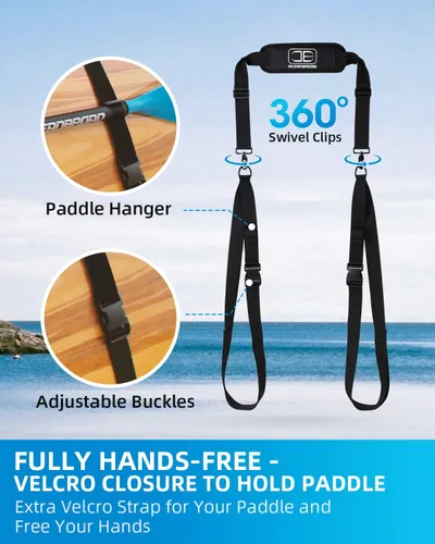Vista 4 de OCEANBROAD Correa de transporte de hombro ajustable con clips para kayak SUP Correa de hombro de la nueva versión, accesorios universales