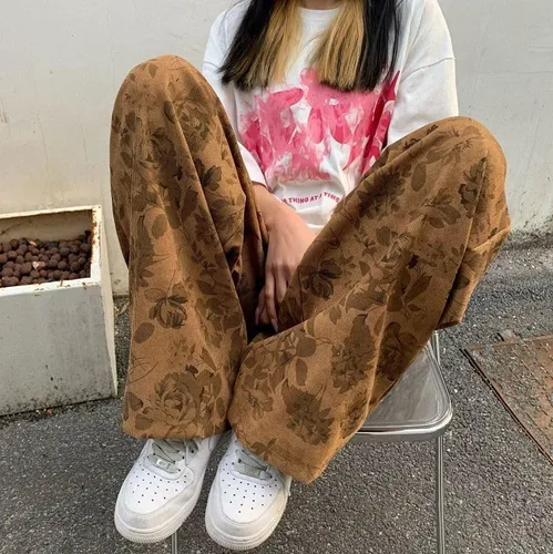 Vista 6 de CYee Grunge Pantalones holgados Y2K Acubi Pantalones de pana pantalones de pana con estampado de rosas Pantalones de pierna ancha Pantalones