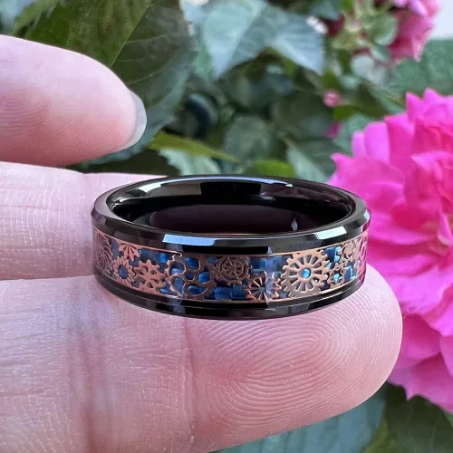 Vista 4 de Anillo de tungsteno de 6 mm y 8 mm color negro, plateado, rojo y azul para hombres y mujeres, anillos de matrimonio estilo Steampunk con engranes