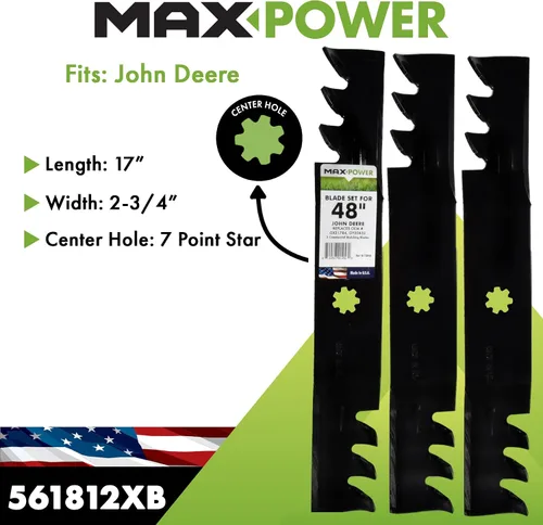 Vista 2 de Maxpower 561812XB USA MADE 3 Juego de cuchillas 3-N-1 Comercial Mulching Blades Para cortacéspedes John Deere de corte de 48 pulgadas, sustituye a