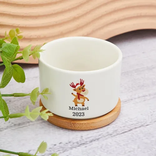 Vista 4 de Maceta de Navidad personalizada con nombre de bebé, macetas divertidas de ciervos de Navidad, maceta de cerámica para suculentas con bandeja