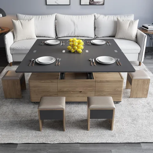 Vista 13 de Guyii Mesa de centro elevable con taburetes de almacenamiento, mesa central 3 en 1, altura ajustable, mesa plegable para sala de estar, ahorro