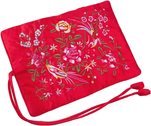 Vista 2 de TUMBEELLUWA Bolsa de joyería de viaje bordada rollo de flores bordadas y pájaros organizador de brocado con lazo cerrado, rojo