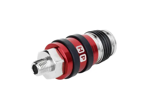 Vista 3 de Milton Acoplador universal de escape de seguridad 2 en Uno: 1/4" MNPT x 3/8" flujo corporal, rojo