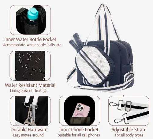 Vista 4 de Bolsa deportiva de pickleball con soporte para raqueta, neopreno, correa de hombro ajustable