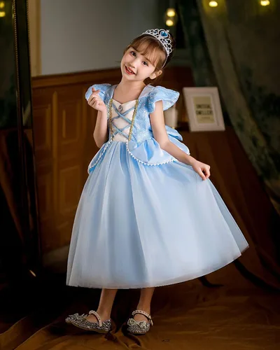 Vista 3 de Hulaha Disfraz de princesa para niñas, disfraz de cosplay de Halloween para Cenicienta, 6-7 años
