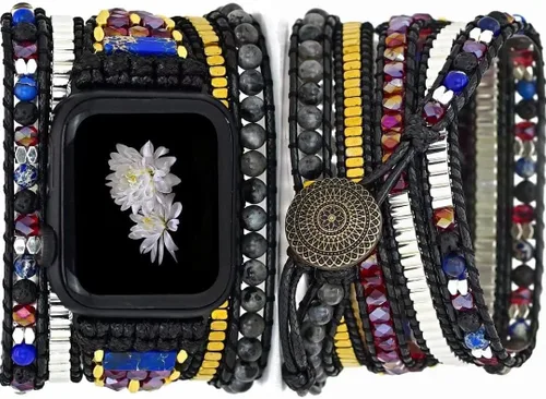 Vista 12 de Correa de reloj de cuerda trenzada con cuentas, estilo bohemio, gira 5 veces, múltiples capas, compatible con reloj Apple Watch de 45 mm, 41 mm, 44