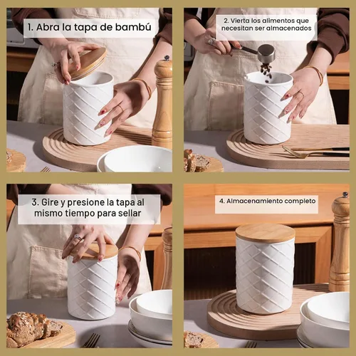 Vista 7 de Sweejar Juego de recipientes de cerámica para encimera de cocina, tarro de almacenamiento de alimentos en relieve con tapa de bambú, recipiente