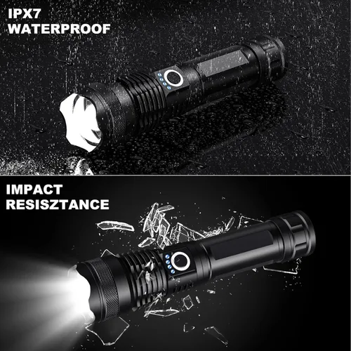 Vista 7 de Paquete de 3 linternas LED recargables de alto lumen, linterna súper brillante de 90,000LM, linterna potente ajustable de 5 modos con cable USB