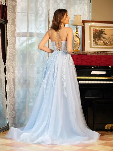 Vista 2 de TIRAS Vestidos de fiesta con apliques de encaje de espagueti para mujer, vestido largo de tul para fiesta, formal, vestido de fiesta de noche, CM264